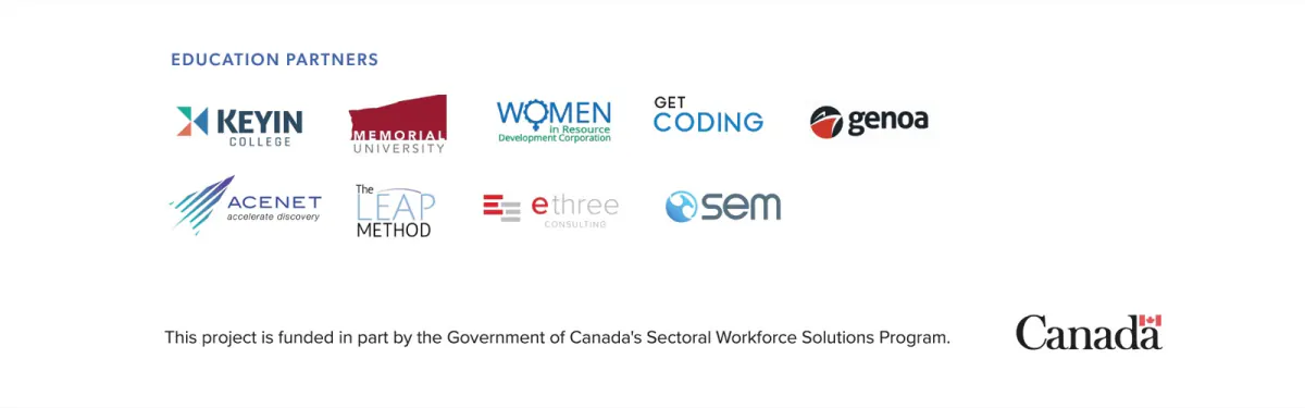 Education partners: Keyin College, Memorial University, Women in Resource Development Corporation, Get Coding, Genoa, ACENET, The LEAP Method, ethree Consulting and SEM. Funded in part by the Government of Canada's Sectoral Workforce Solutions Program.